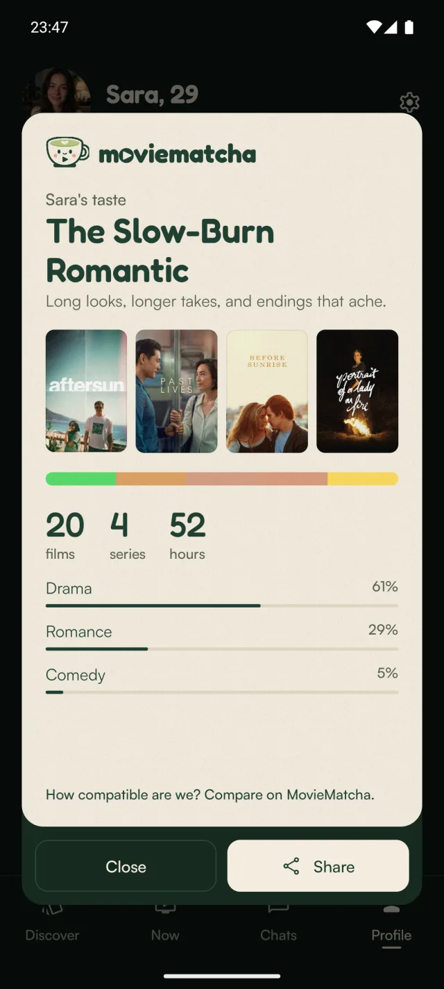 A shareable taste card: Sara's taste, The Slow-Burn Romantic, her Essential Four posters, palette, stats, and a compare link.