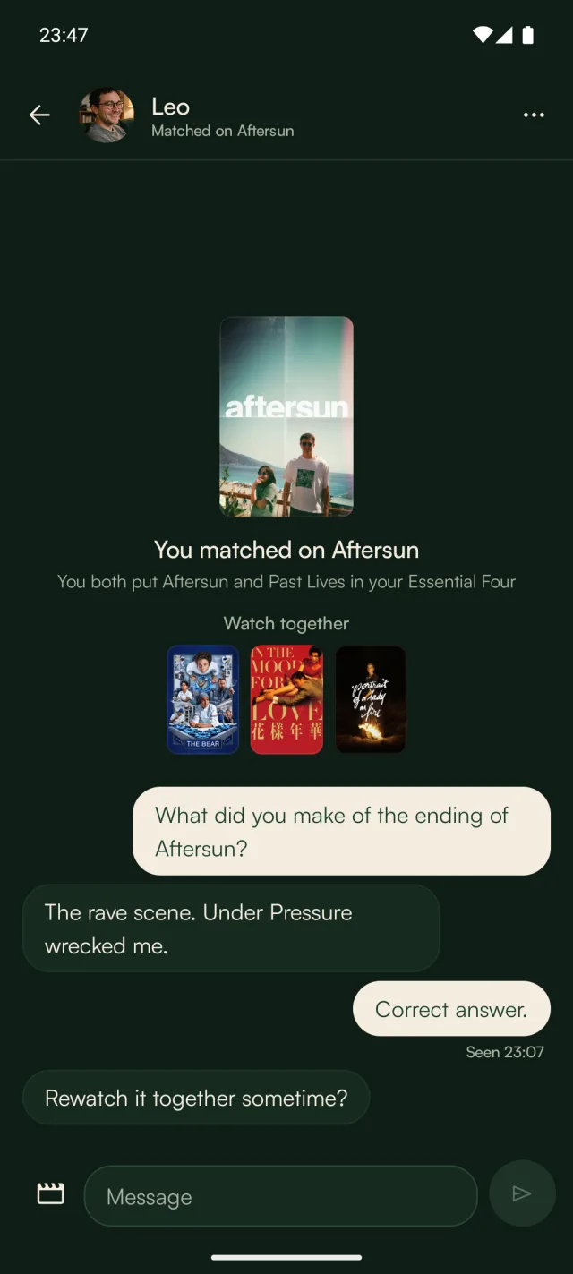 A chat that starts from the shared title: You matched on Aftersun, titles to watch together, and the first messages about its ending.