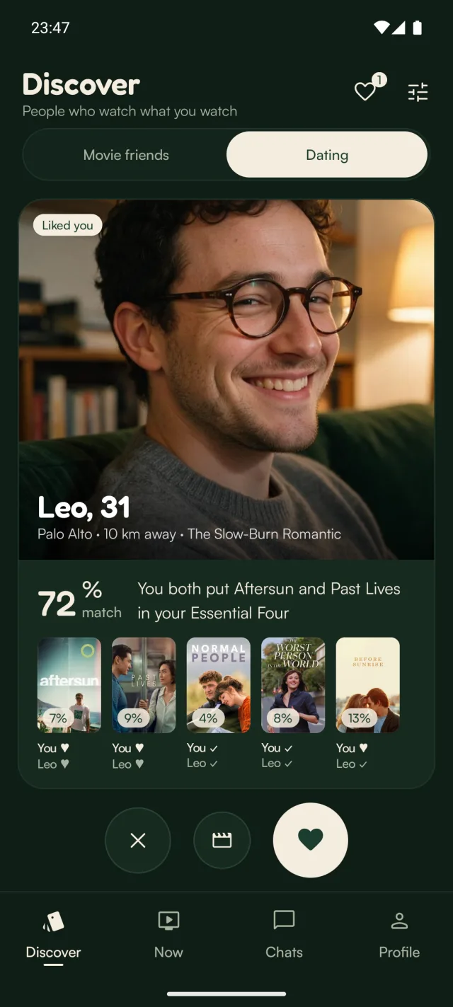 Discover, dating mode: Leo, 31, a 72% match, because you both put Aftersun and Past Lives in your Essential Four. Five shared posters show both people's ratings and how rare each title is.