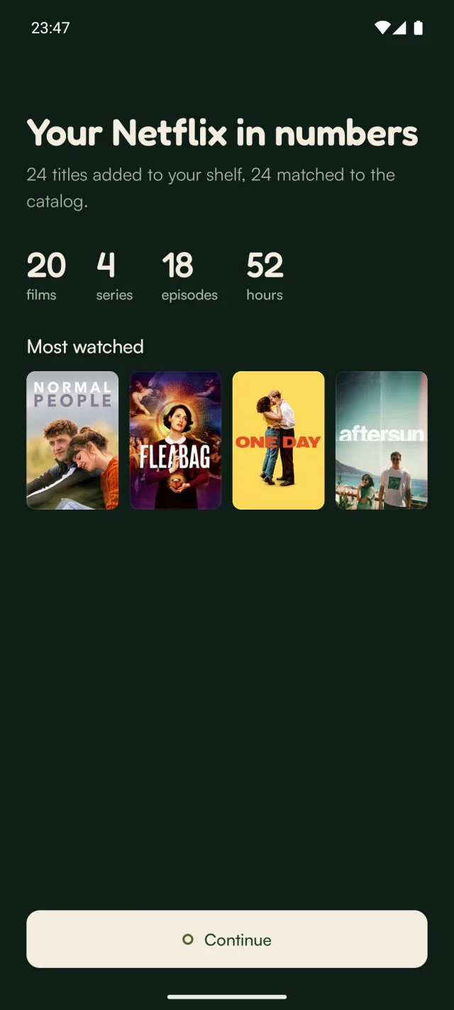 Your Netflix in numbers: 20 films, 4 series, 18 episodes, 52 hours, and the most-watched posters.