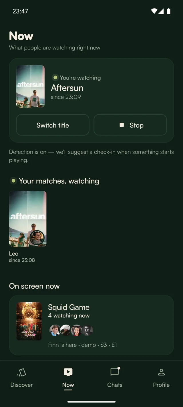 The Now tab: you're watching Aftersun, your matches watching now, and live rooms such as Squid Game with four people watching.